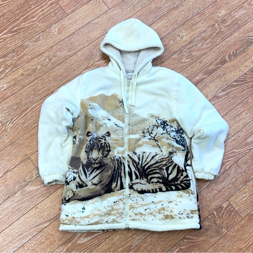 Vtg 90s Tiger Print Double Sided Fleece Zip Hooded Jacket